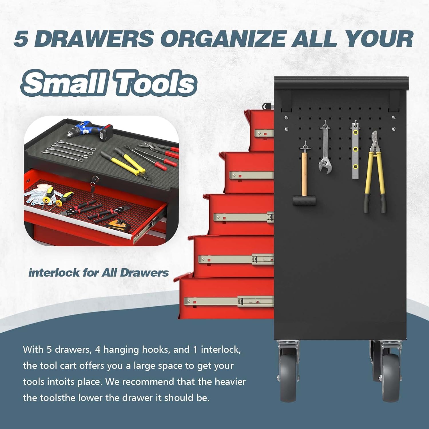 5-Drawer Tool Chest, Rolling Tool Box with Wheels, High Capacity Detachable Mobile Tool Storage Cabinet for Workshop, Garage, Mechanics and Repair Room (BlackRed, 5-Drawer)