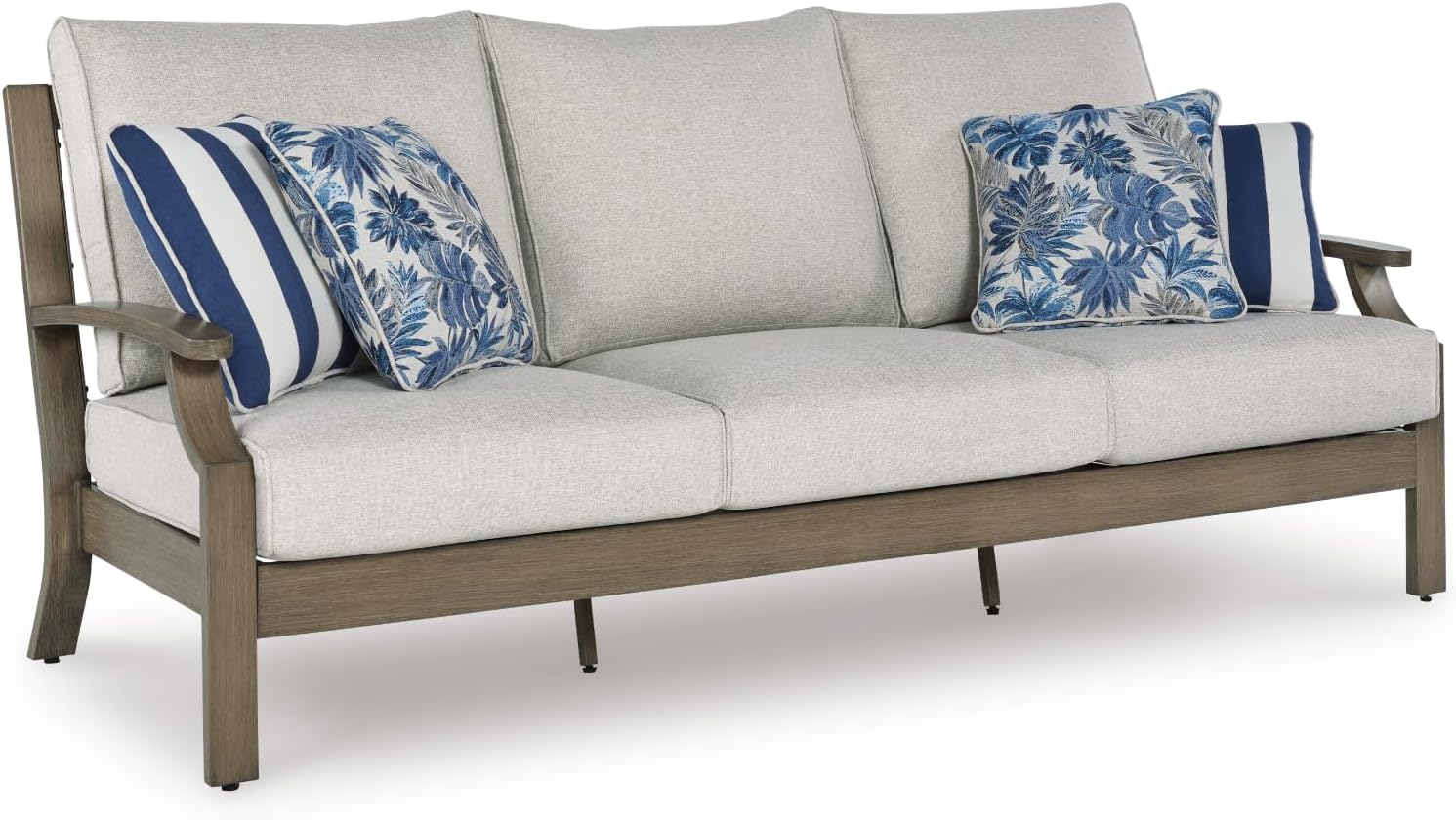 Signature Design by Ashley Rainier Ranch Casual Nuvella Weather Resistant Fabric, Outdoor Sofa with Cushion and 4 Accent Pillows, Light Brown & Light Gray