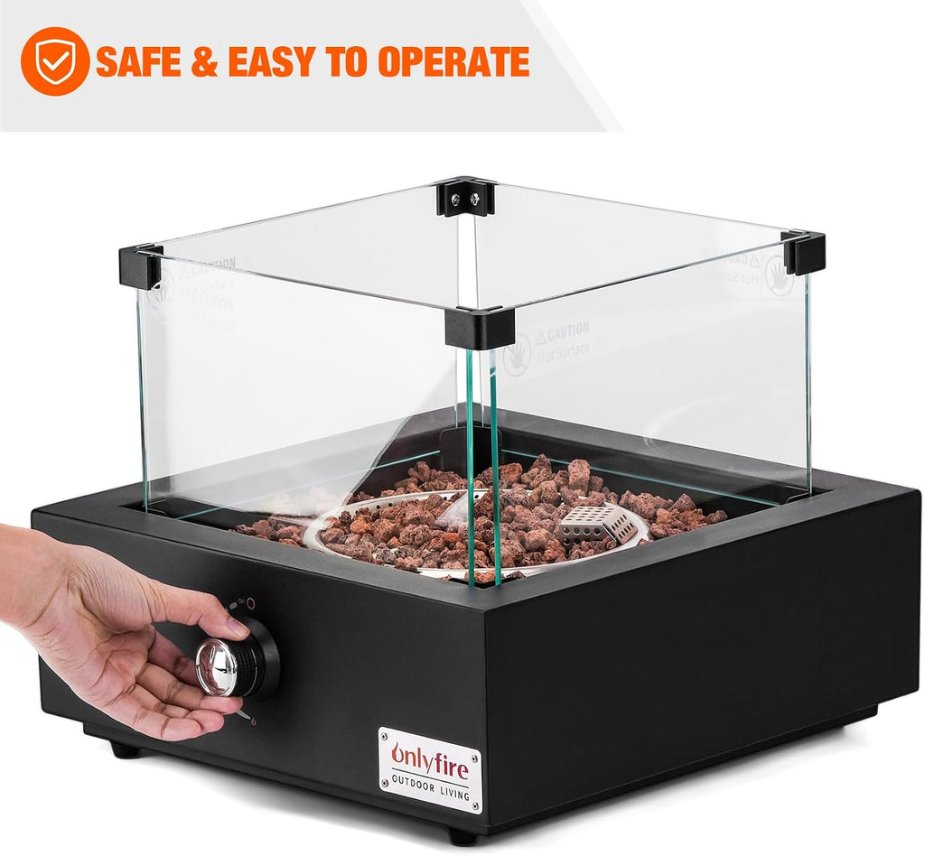 Portable Propane Gas Fire Pit Bottom-Mounted for Table with Umbrella Hole, Tabletop Smokeless Firepit with Wind Guard for Patio Camping RV Tailgating, 23000BTU, Square FP041