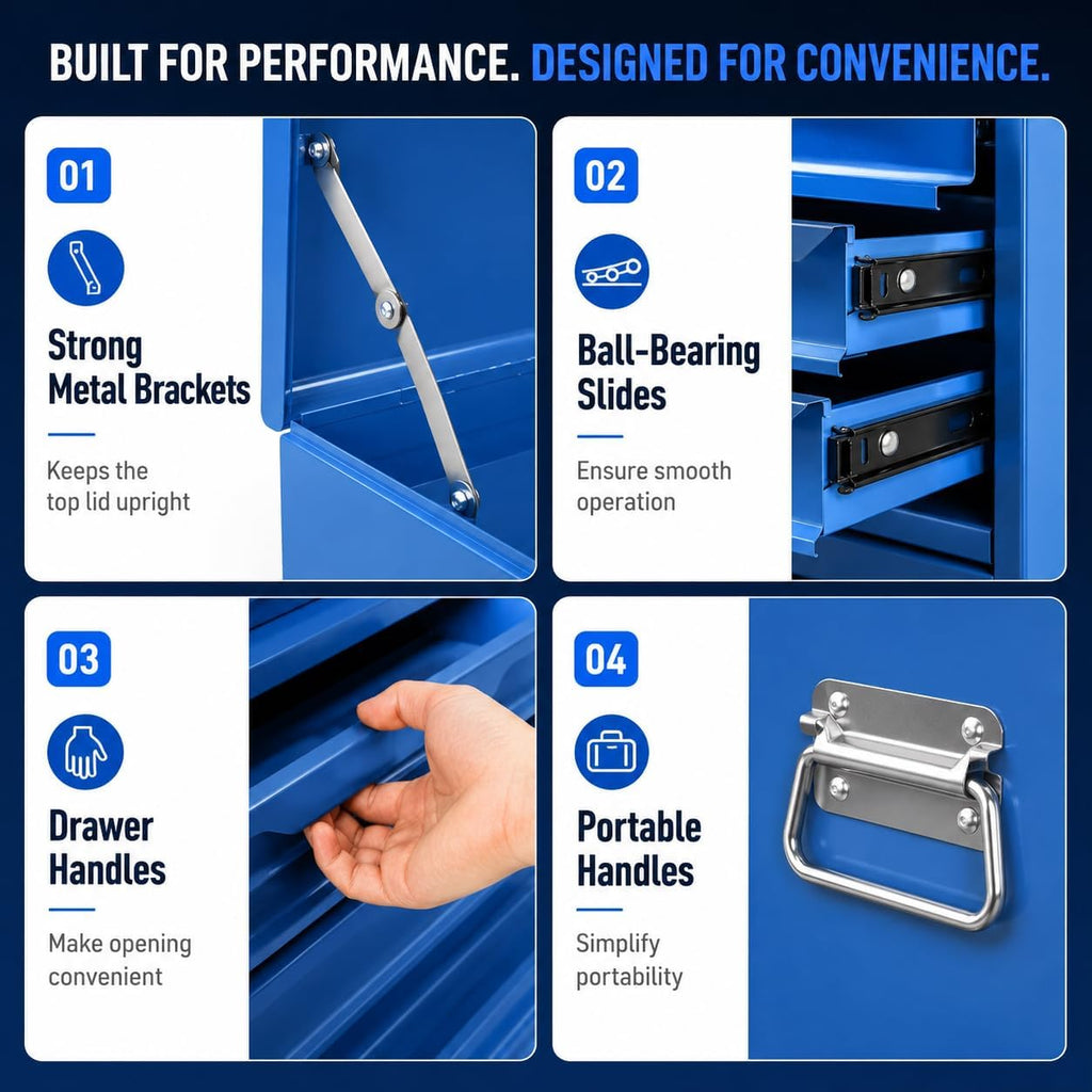 ARNOT Large Metal Tool Box, Tool Box with 6 Drawers & Top Tray, Heavy-Duty Steel Tool Chest with Auto-Locking Drawers and Side Handles for Garage & Workbench (Blue)