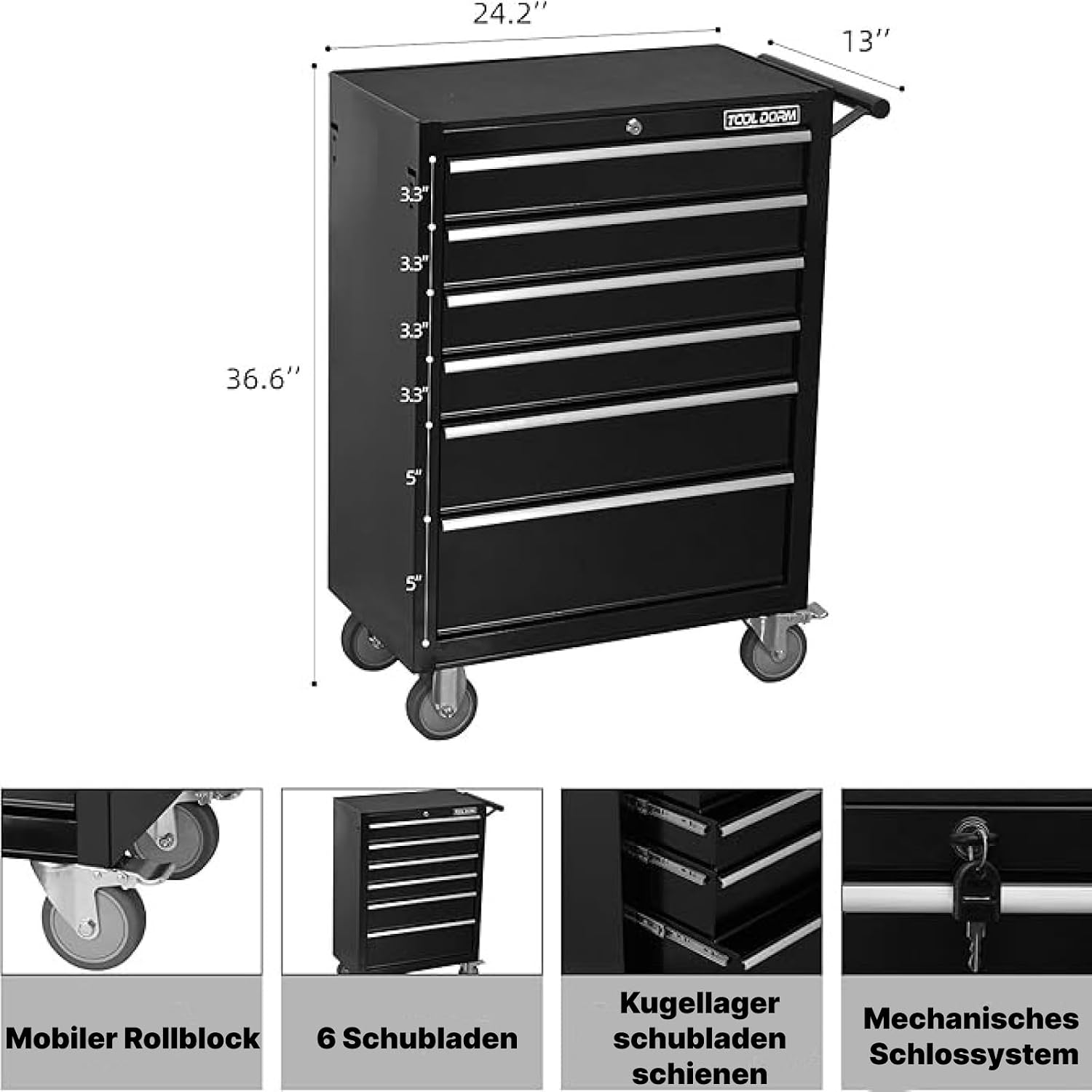Tool Cabinet Tool Cart 24.2inch with 6 Drawers and Wheels, Metal Rolling Tool Box Locked Drawers Storage Organizer Cabinet Suitable for Garage, Warehouse, Repair Shop, Workshop