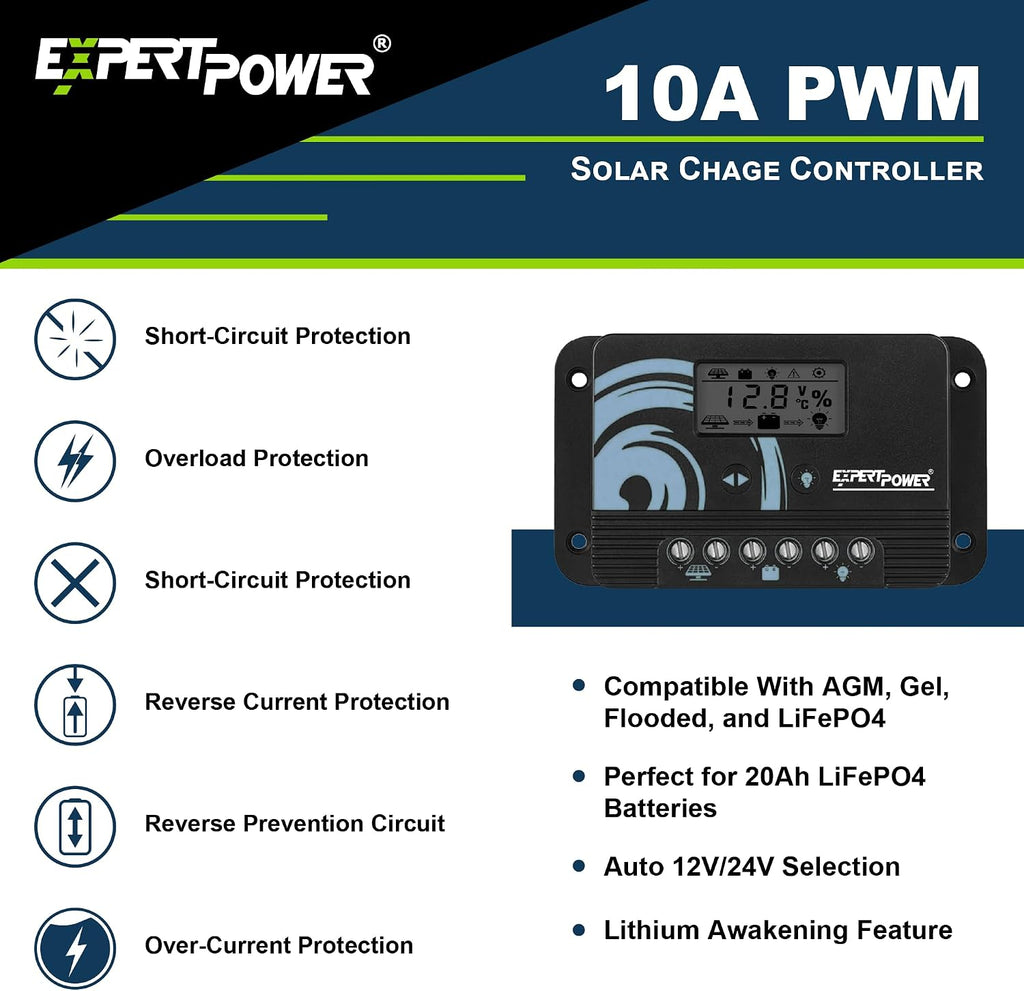 ExpertPower 100W 12V Solar Power Kit with Battery : 100W 12V Solar Panel + 10A Charge Controller + 21Ah Gel Battery