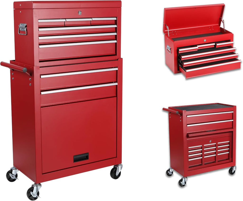Tool Chest, 8-Drawer Rolling Tool Storage Cabinet with 2 in 1 Detachable Top Tool Box, Liner, Lockable Wheels, Side Hooks, Locking Mechanism, Metal Tool Cart for Garage