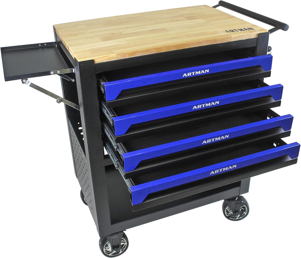 Campfun Tool Cart with 4 Drawers and Wheels, Mechanical Tool Workbench with Wooden Top for Storage in Garages, Workshops, and Repair Shops - Blue