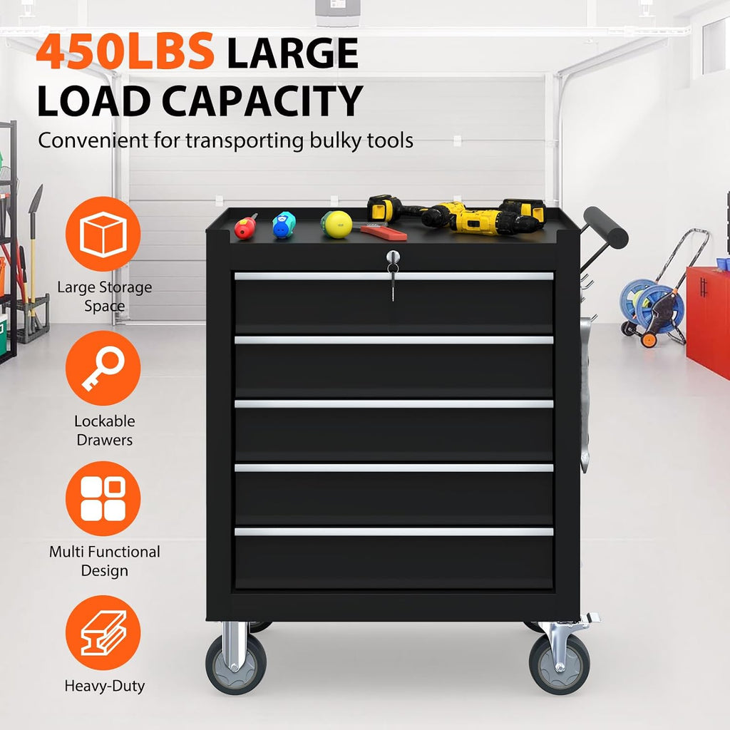5-Drawer Rolling Tool Chest, Tool Box with 4 Wheels and Drawers, High Capacity Detachable Mobile Tool Storage Cabinet for Garage, Workshop, Mechanics and Repair Room (Black)