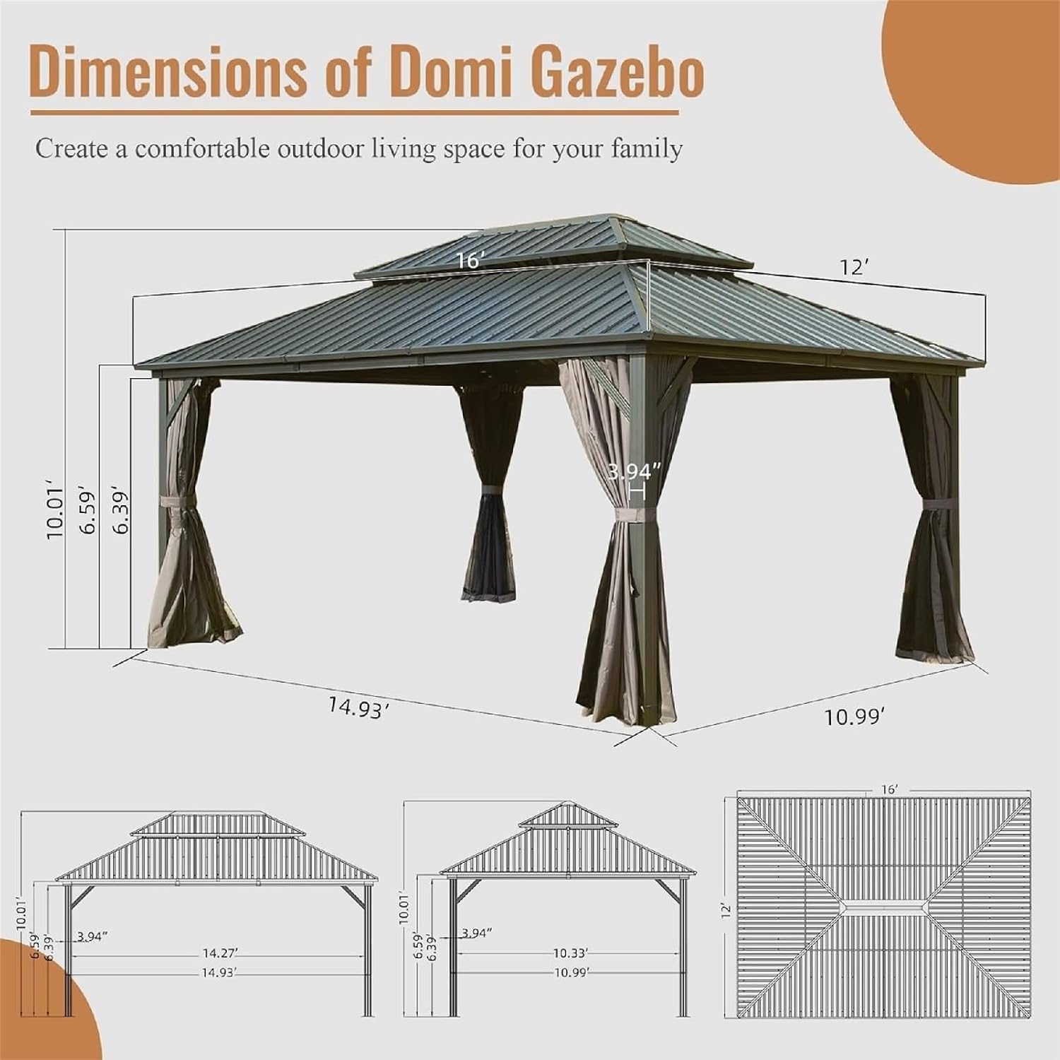 1 Pieces Outdoor Patio Canopy, Hardtop Gazebo 12x16 Gray Aluminum with Galvanized Steel Double Roof Canopy, Curtain and Netting