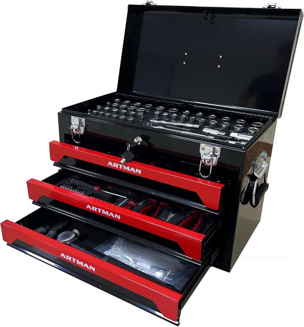 20' Portable 3 Drawer Steel Toolbox,Built in Tool Set,4 Layers of Tools with Metal Latches, with Top Storage Tray and carrying Handle, Multi-Function Tool Storage for Garage, Home,or Workbench