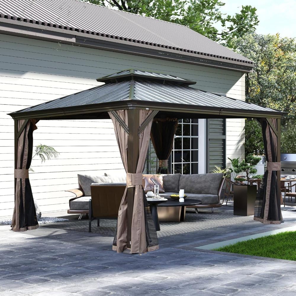 Hardtop Gazebo 10x13FT with Double Roof, Brown Metal Outdoor Gazebo for Patio - Includes Privacy Curtains & Netting, Water Resistant, Galvanized Steel Frame (130 Sq Ft)