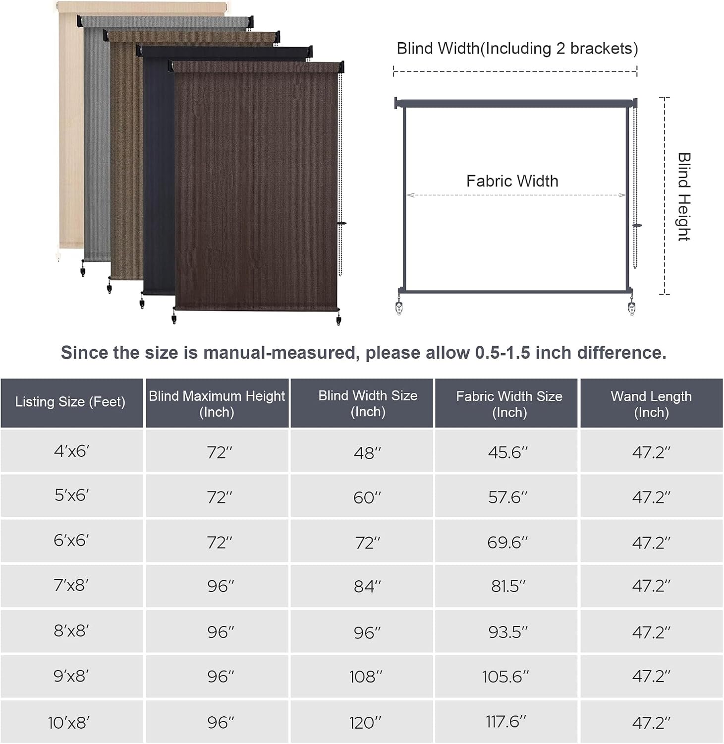 VICLLAX Outdoor Roller Shade (10' W×8' L), Patio Corded Roller Blinds, Exterior Roll Up Shade with Spliced Design for Patio Porch Gazebo, Chocolate