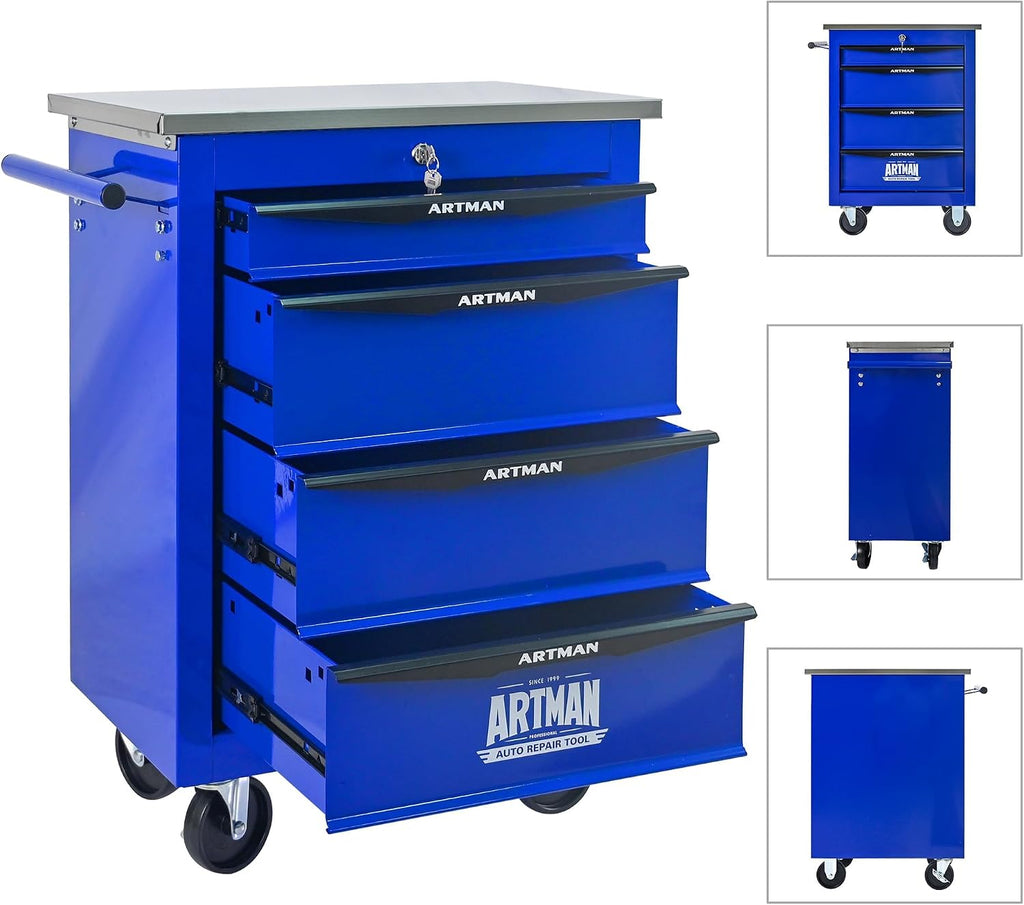 4-Drawer Heavy-Duty Rolling Tool Chest with Wheels & Steel Roof, Lockable Tool Chest Storage Cabinet for Garage, Workshop, Warehouse, and Repair Shop