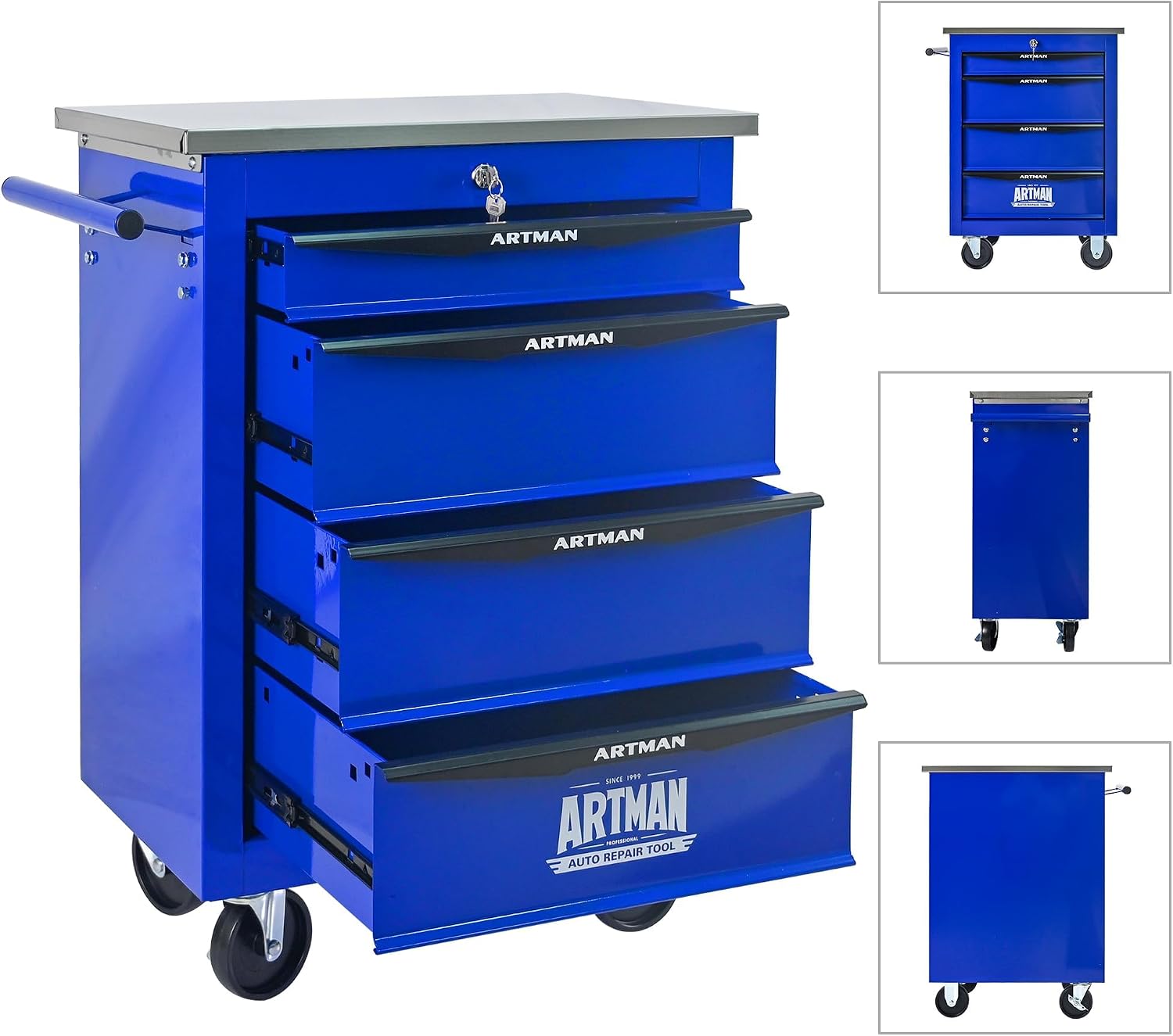 4-Drawer Heavy-Duty Rolling Tool Chest with Wheels & Steel Roof, Lockable Tool Chest Storage Cabinet for Garage, Workshop, Warehouse, and Repair Shop