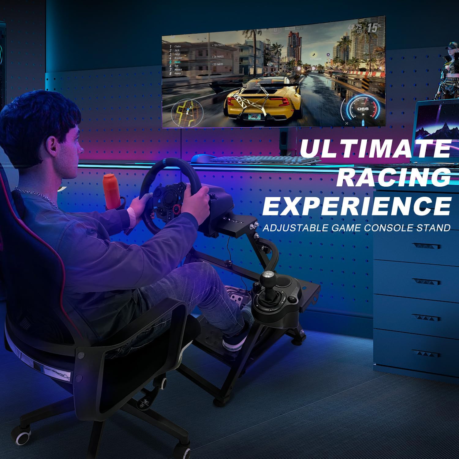 CXRCY Racing Wheel Stand with Cup Holder Height Adjustable & Foldable Steering Wheel Stand Compatible with Logitech G920 G29 G27 G25 Gaming Cockpit (Wheel and Pedals Not Included)
