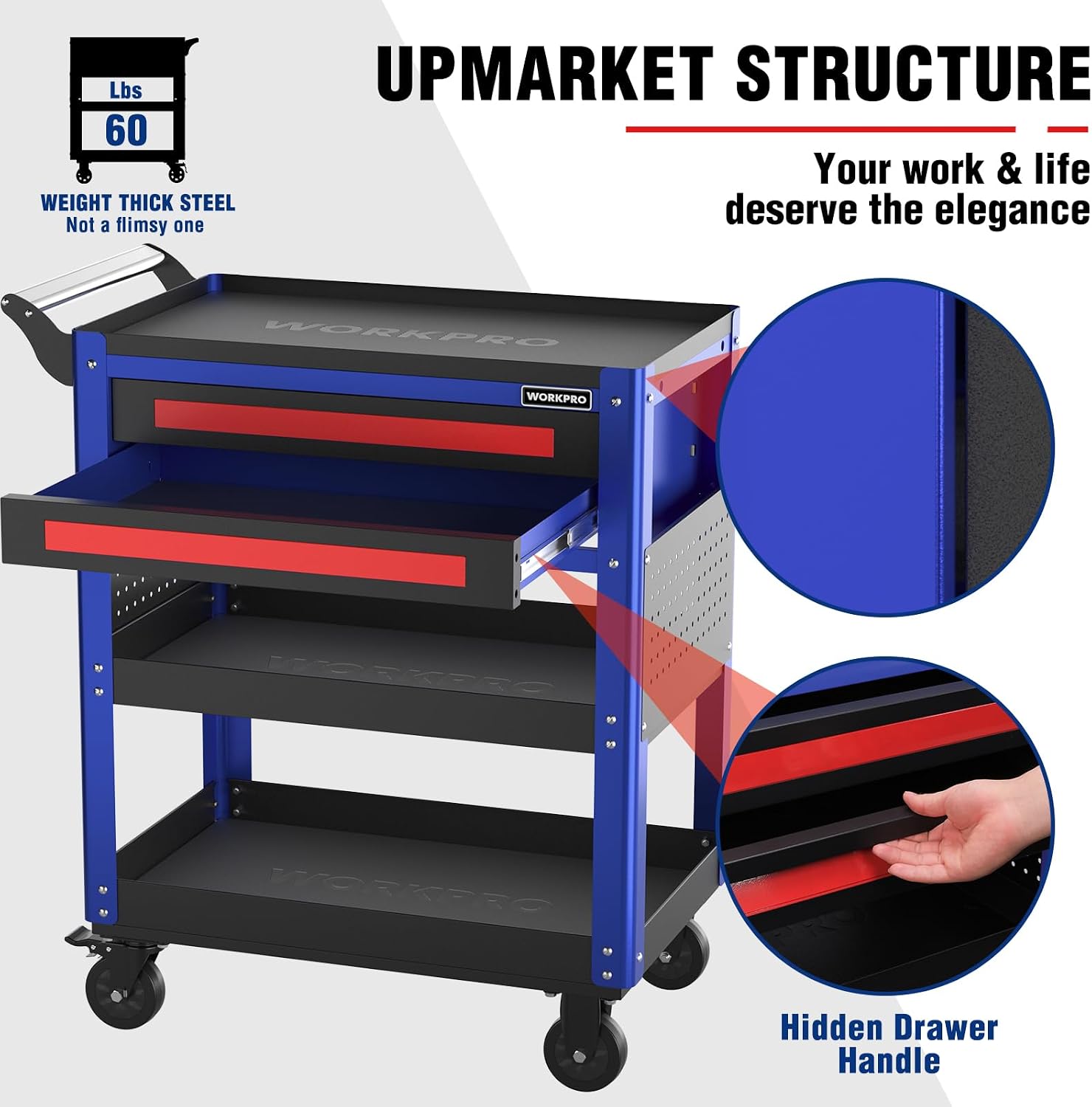 WORKPRO Premium 28' 2-Drawer Rolling Tool Cart, Heavy Duty Utility Industrial Service Cart Storage Organizer with Wheels and Locking System, for Mechanic, Warehouse, Garage, Workshop, 400 lbs Load
