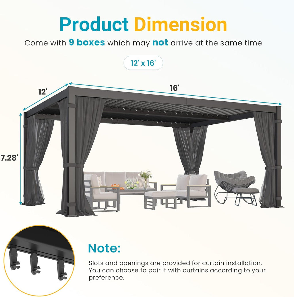12' x 16' Louvered Pergola, Outdoor Pergola with Curtains & Netting, Metal Patio Pergola with Adjustable Louvers Roof and Gutter System, Metal Hardtop Gazebo for Patio, Deck, Garden, Yard, Dark Gray