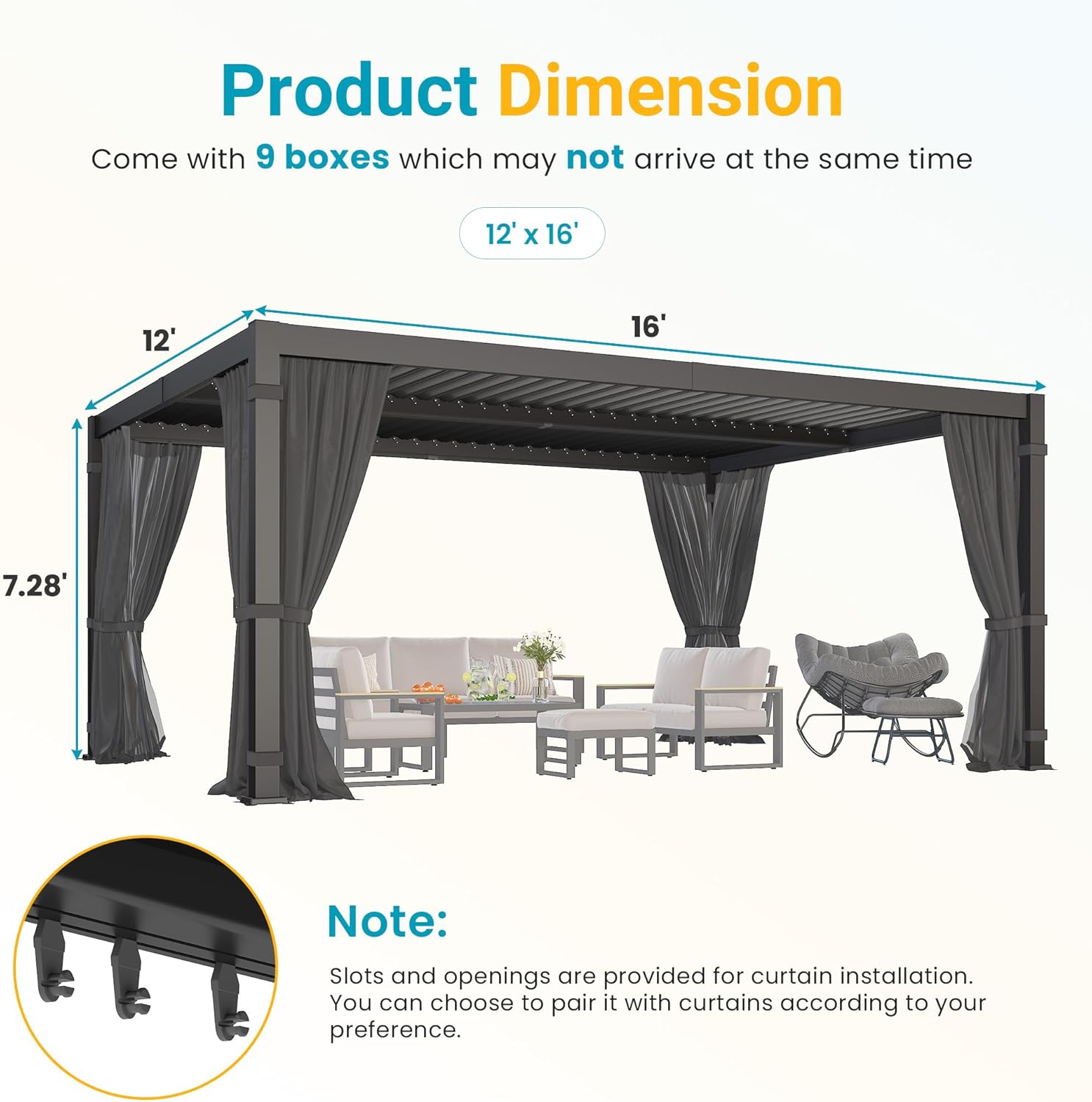 12' x 16' Louvered Pergola, Outdoor Pergola with Curtains & Netting, Metal Patio Pergola with Adjustable Louvers Roof and Gutter System, Metal Hardtop Gazebo for Patio, Deck, Garden, Yard, Dark Gray