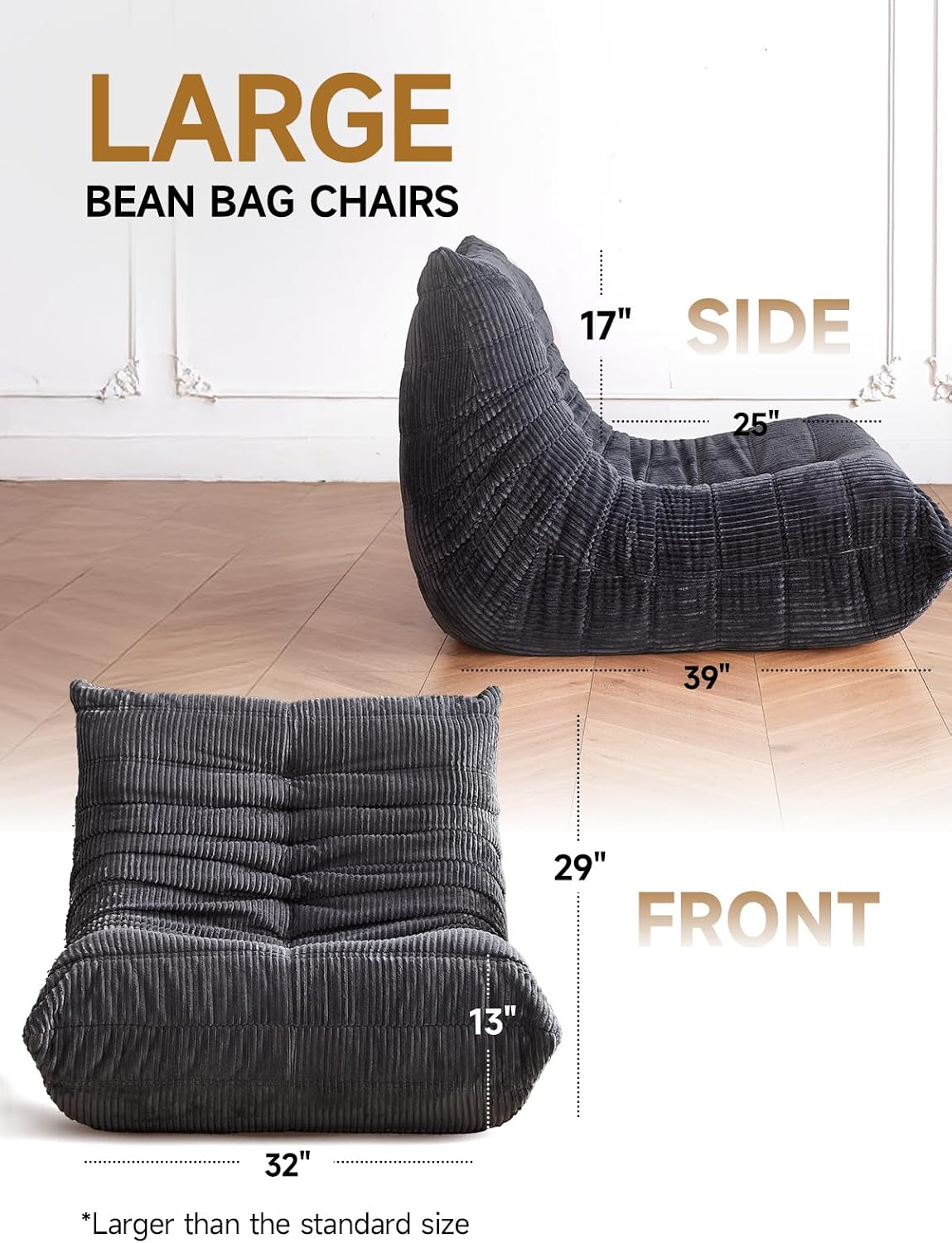 ZCUBED Large Bean Bag Chairs for Adults, Memory Foam Lounge Chair, Soft Corduroy Big Bean Bag Chair Lazy Sofa, Comfy Floor Beanbag Chair Single Sofa for Bedroom Living Room Fireside Book Nook, Grey