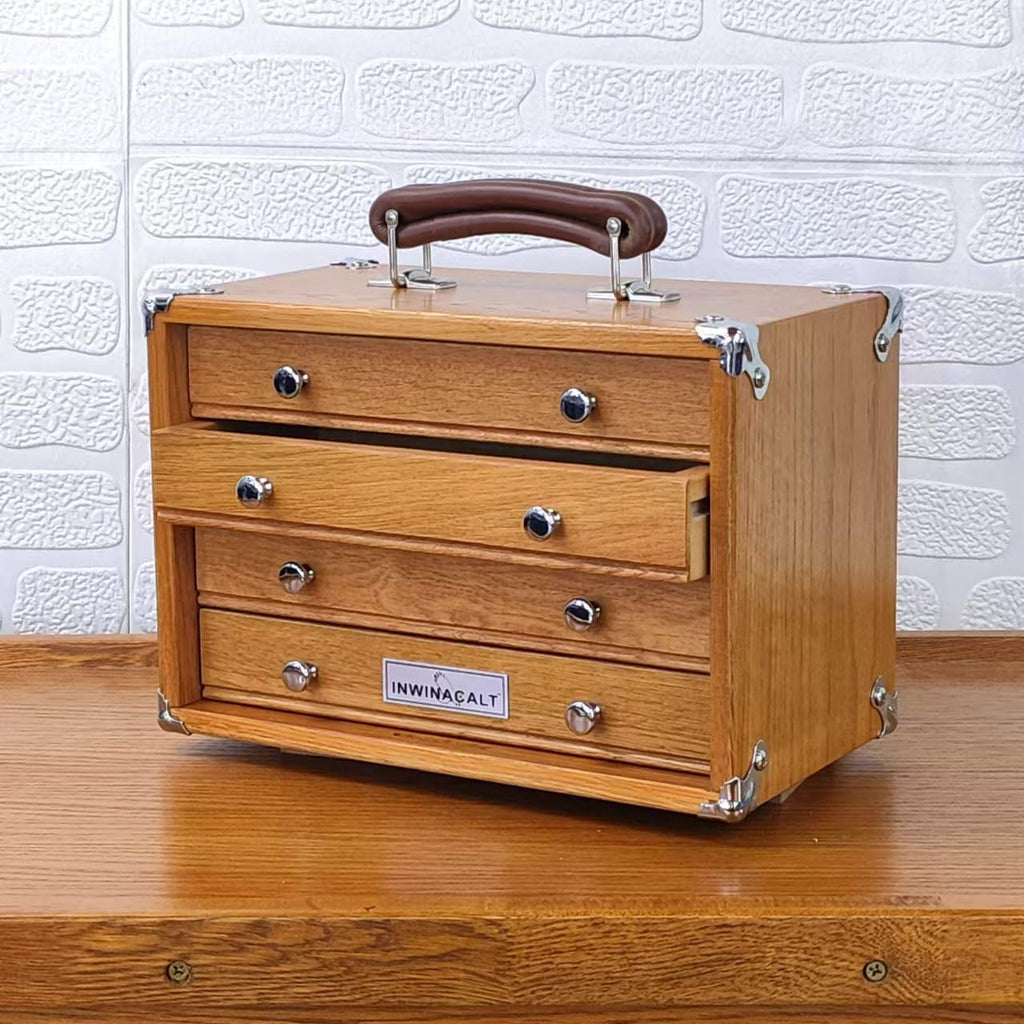 Oak Wood 4 Drawers Portable Toolbox, Leather Handle, FT0104