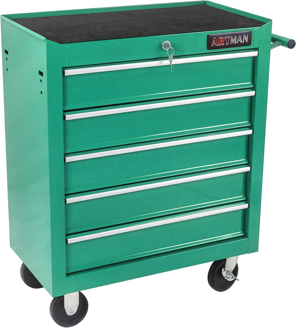 5 Drawers Tool Cart on Wheels, 5 Drawer Rolling Tool Chest with Key Lock, Trolley Organizer Tool Case, Multifunctional Rolling Tool Box for Garage,Warehouse,Workshop,Repair Shop (Green)