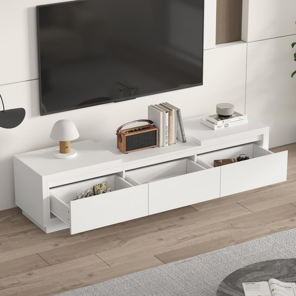 AIEGLE Deformable TV Console with 3 Drawers, Modern Extendable TV Stand in Stretch of 65'-106' Wide, Wood Media Gaming Entertainment Center, White