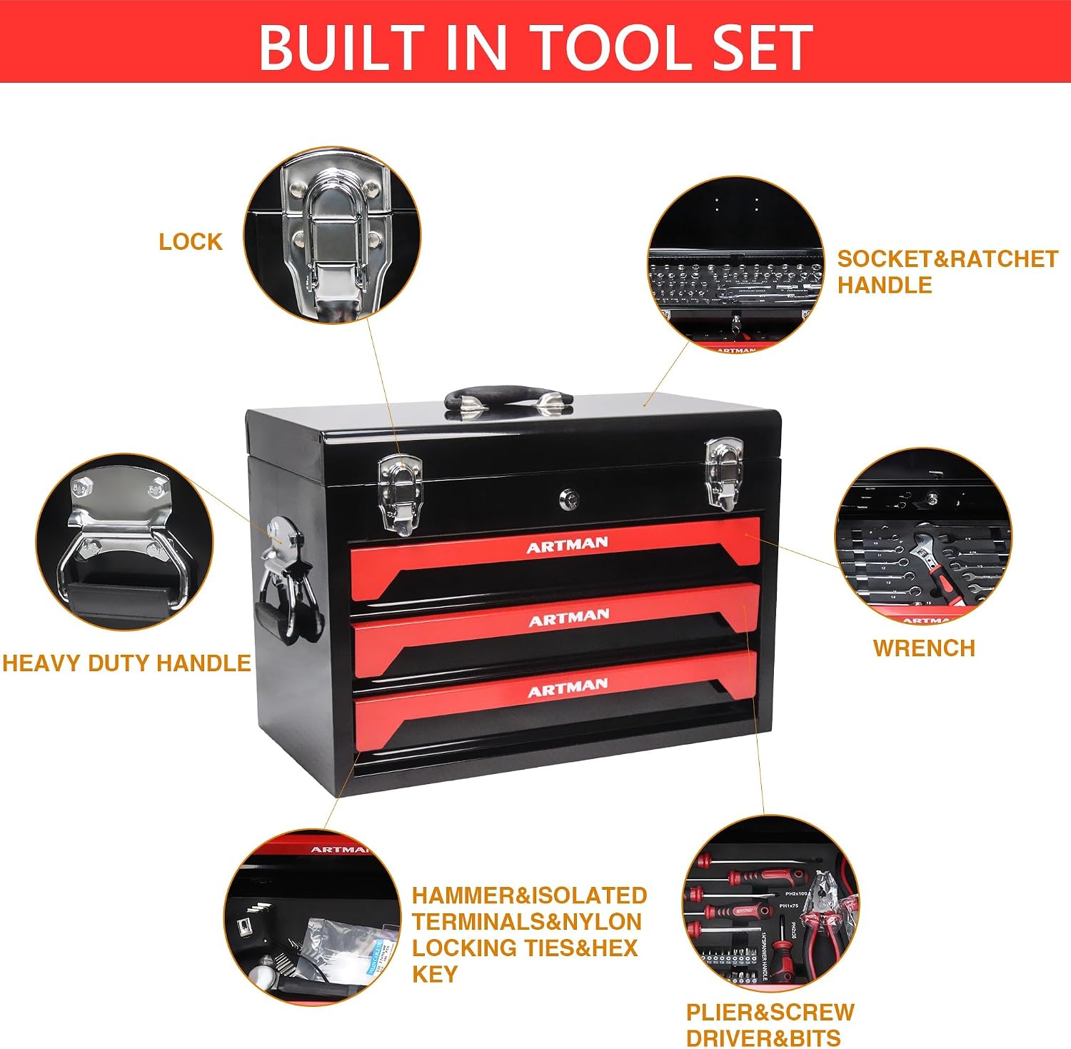 20' Portable 3 Drawer Steel Toolbox,Built in Tool Set,4 Layers of Tools with Metal Latches, with Top Storage Tray and carrying Handle, Multi-Function Tool Storage for Garage, Home,or Workbench