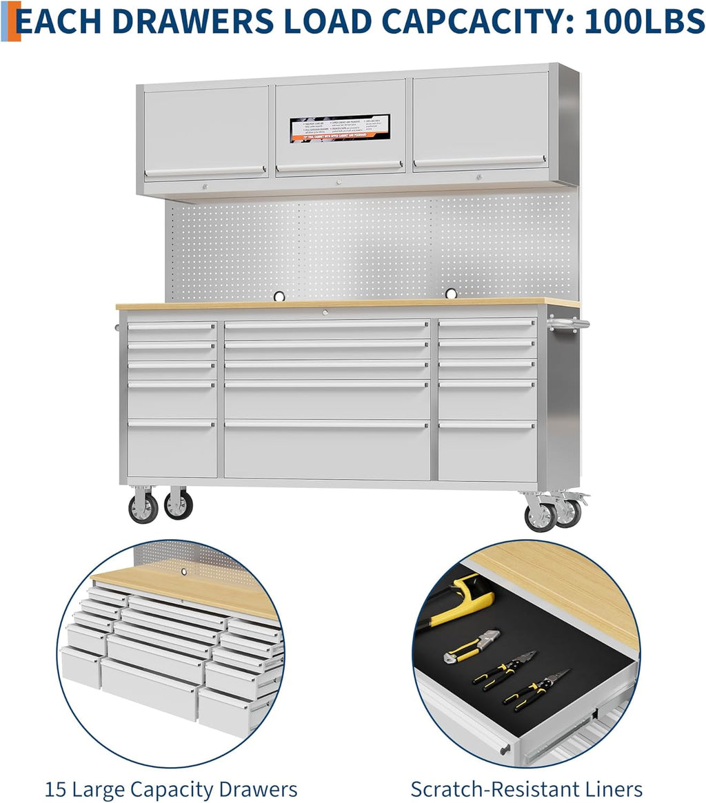 IDEALHOUSE 72 inch Rolling Tool Chest, Garage Workbench with 15 Drawers, Solid Rubber Wood Top & with Wheels Lock Key Locking, Mobile Workstation Tool Cabinet for Workshop Storage