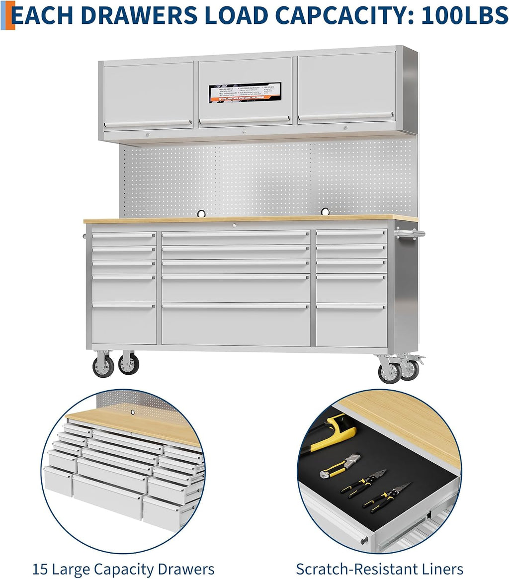 GarveeTech 72 inch Tool Chest, Tool Box Mobile 15 Drawers, Storage Rolling Cabinet with Wheels, Lock Key Locking System Drawer Liners for Garage, Warehouse, Repair Shop
