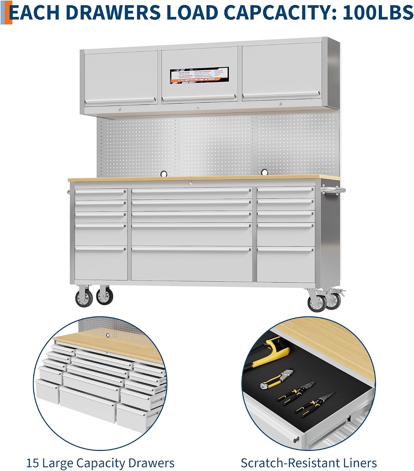 GarveeTech 72 inch Tool Chest, Tool Box Mobile 15 Drawers, Storage Rolling Cabinet with Wheels, Lock Key Locking System Drawer Liners for Garage, Warehouse, Repair Shop