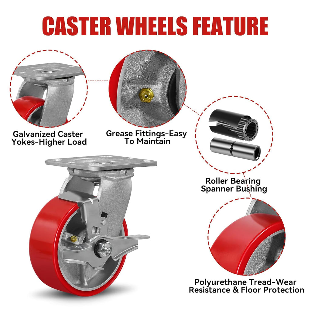 5' X 2' Industrial Plate Brake Caster Wheels Set of 4 Heavy Duty,Load Capacity 3200lbs,Polyurethane Wheel on Steel Hub for Toolbox Workbench
