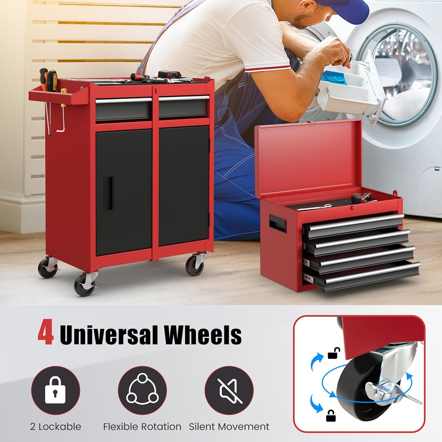 DORTALA Rolling Tool Chest Cabinet, Tool Box Organizer with 5 Sliding Drawers, Locking System, Toolbox Storage Cabinet on Wheels for Garage Workshop, Black & Red