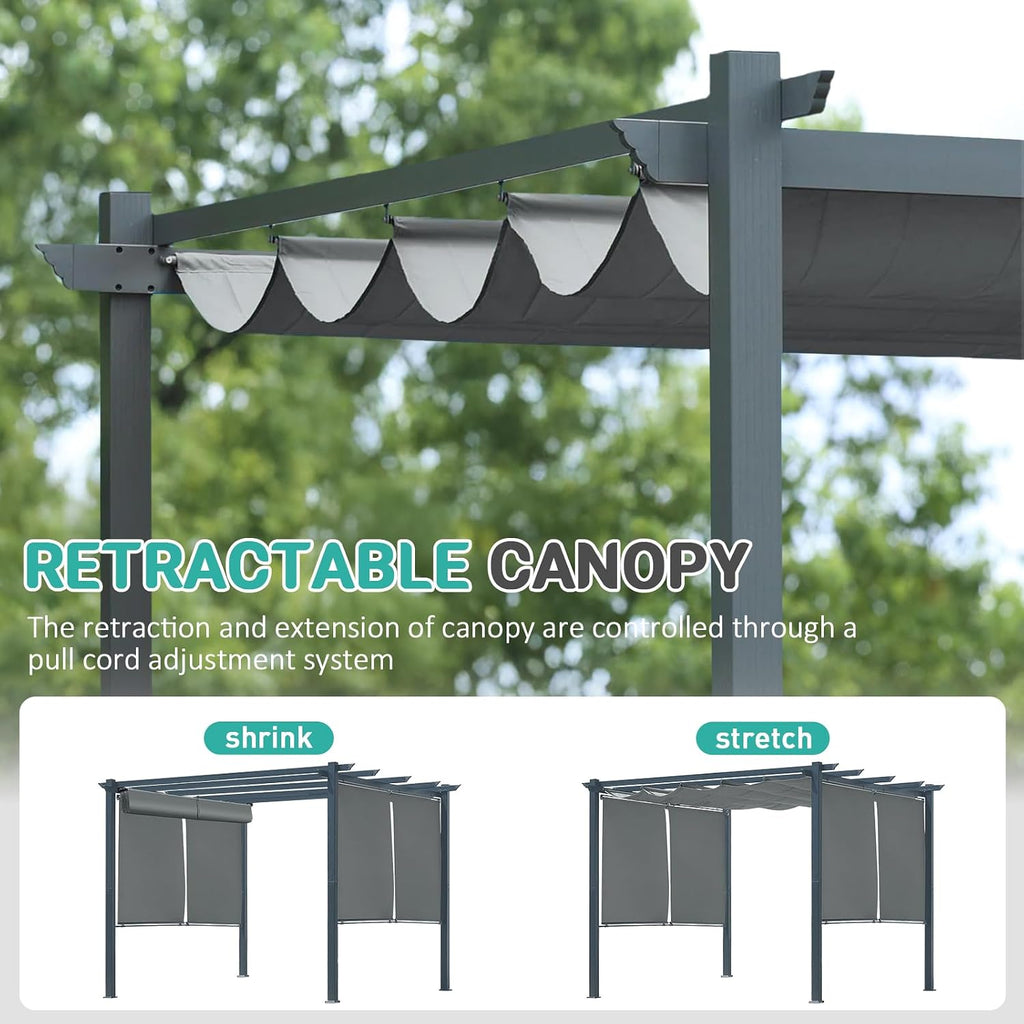 10 x 10 Ft Outdoor Aluminum Pergola, Retractable Canopy & 2 Sides Shades for Patio Backyard Garden Deck