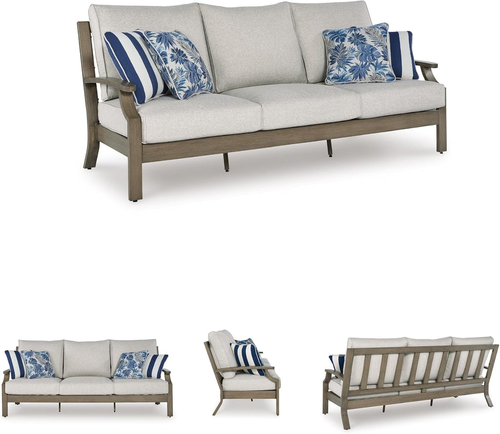 Signature Design by Ashley Rainier Ranch Casual Nuvella Weather Resistant Fabric, Outdoor Sofa with Cushion and 4 Accent Pillows, Light Brown & Light Gray
