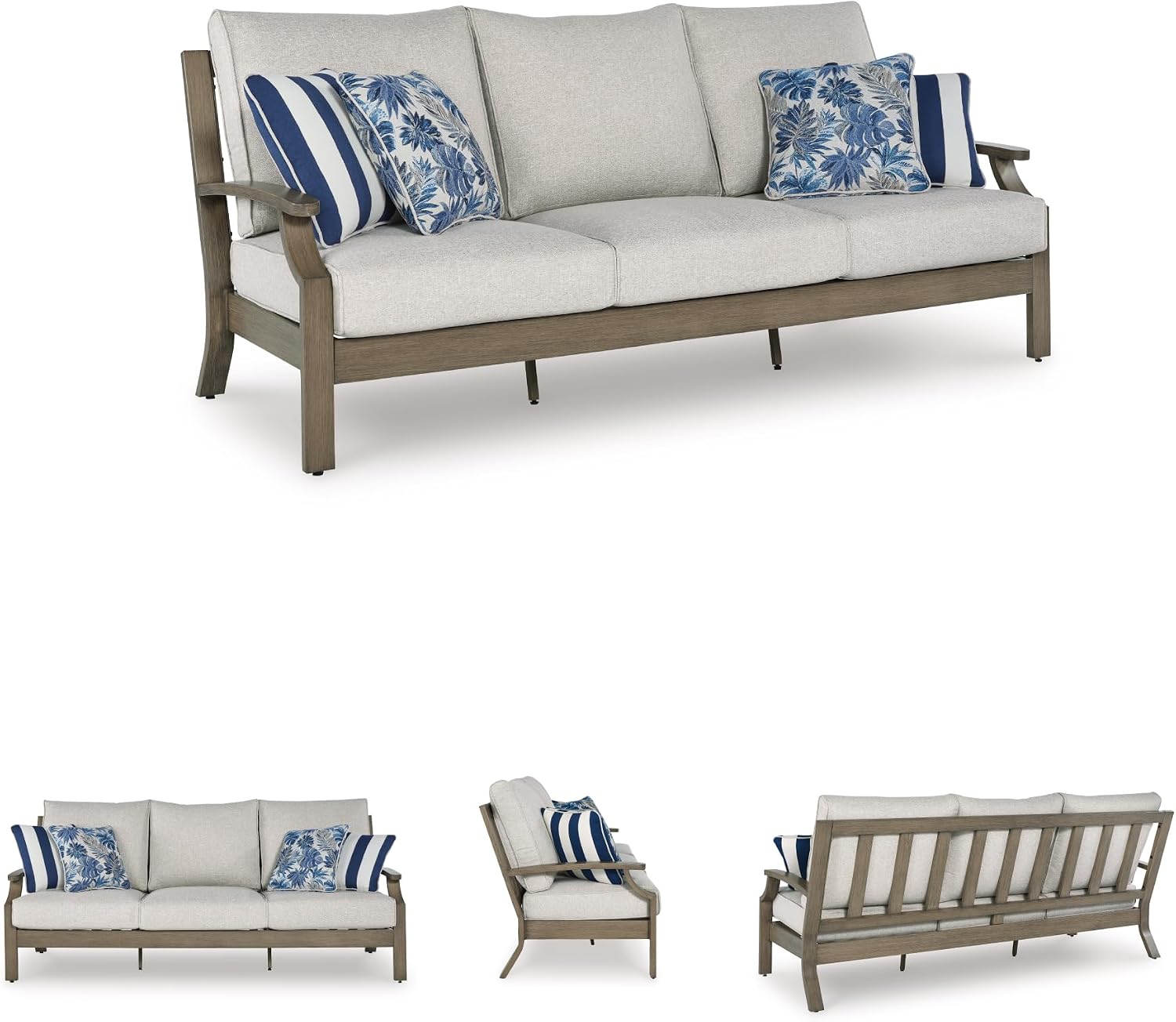 Signature Design by Ashley Rainier Ranch Casual Nuvella Weather Resistant Fabric, Outdoor Sofa with Cushion and 4 Accent Pillows, Light Brown & Light Gray