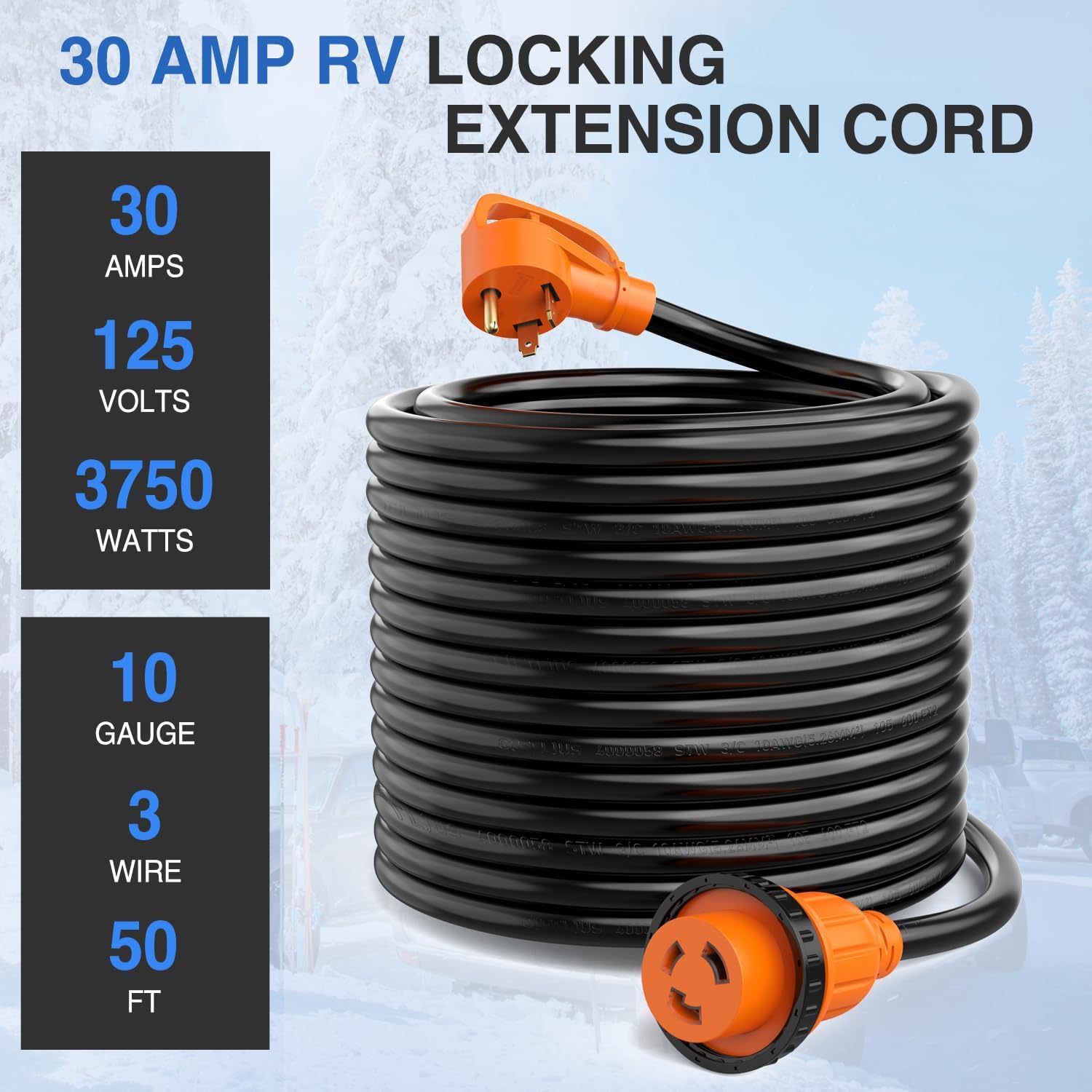 Nilight 30 Amp 50FT RV Locking Extension Cord 125V Heavy Duty 10 Gauge Pure Copper STW Wire ETL Listed 3 Prong TT-30P L5-30R 30F/30M Weatherproof Suit for Camper Trailer
