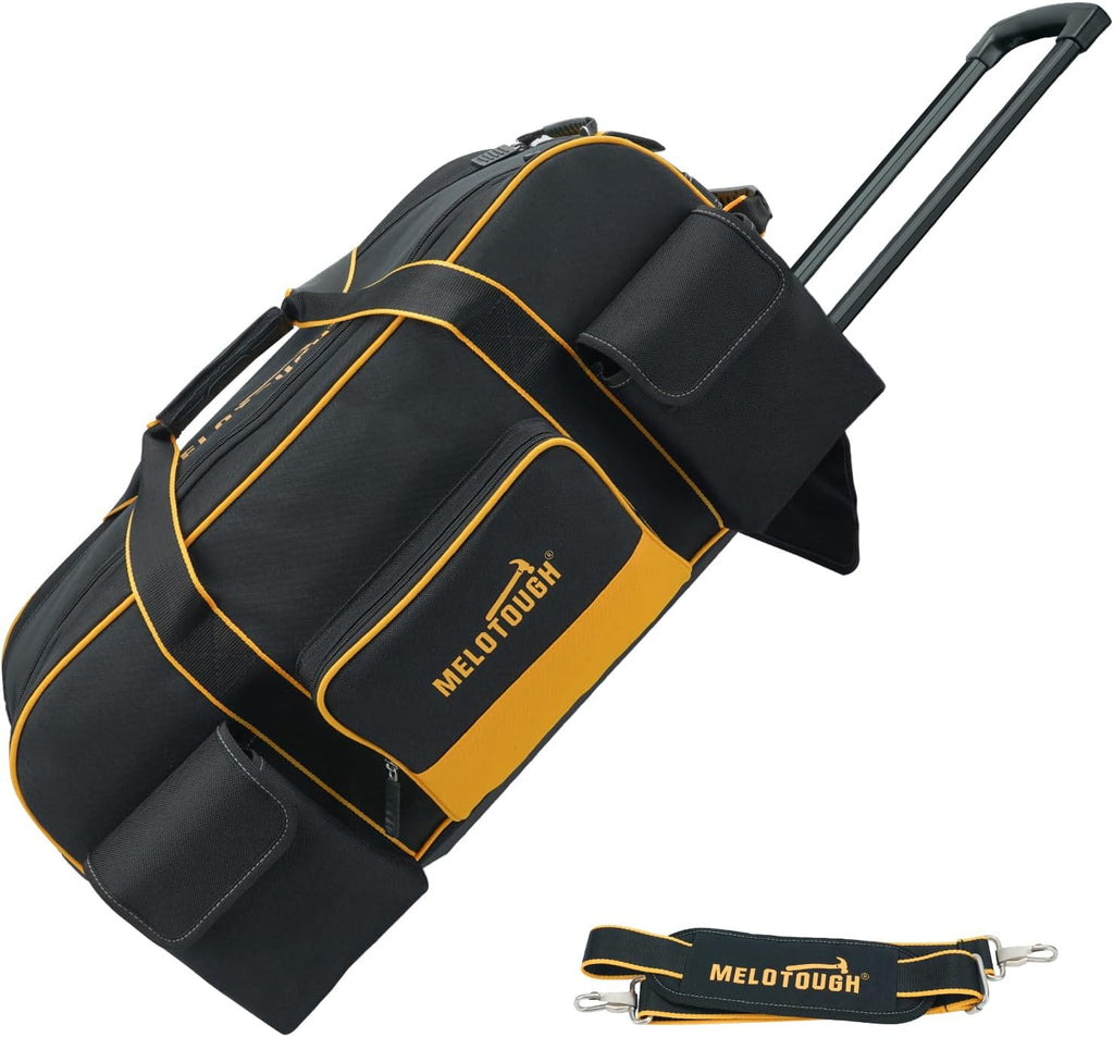 MELOTOUGH Rolling Tool Bag with Wheels,Large Capacity Tool Bag Organizer with Concealed Telescoping Handle for Electrician,Construction,HVAC,Technician (Yellow/Black)