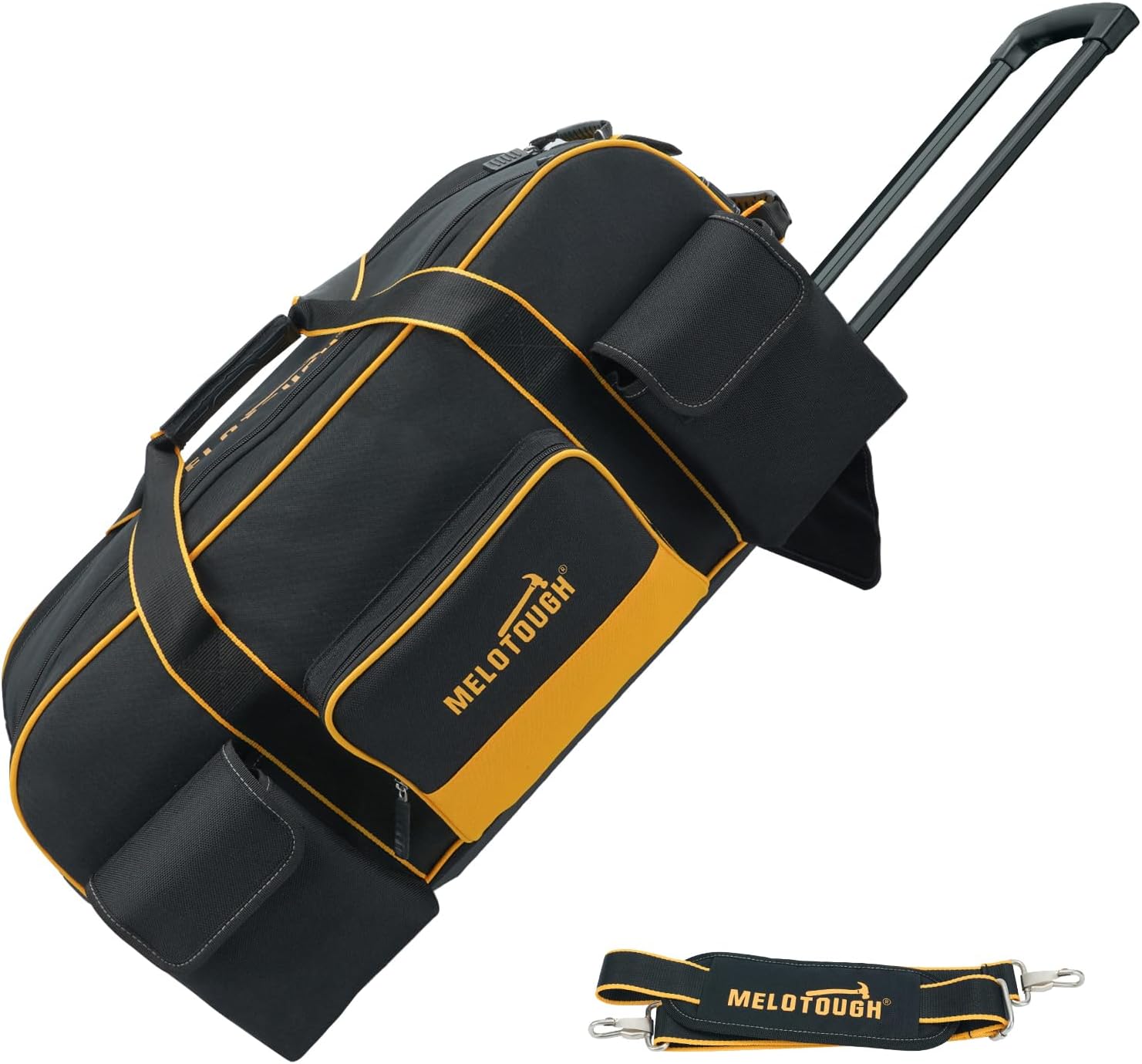 MELOTOUGH Rolling Tool Bag with Wheels,Large Capacity Tool Bag Organizer with Concealed Telescoping Handle for Electrician,Construction,HVAC,Technician (Yellow/Black)