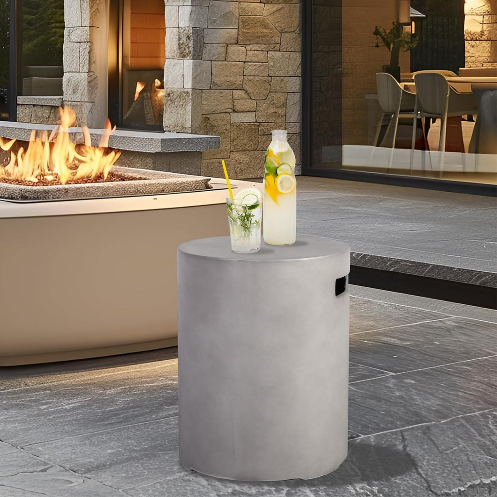 Propane Tank Cover Table, 20 LB Concrete Tank Storage Box, Modern Outdoor Gas Tank Covers Hideaway Table for Propane Fire Pit and Gas, Round Tank Holder with Handles (Gray) φ16 X 20inch