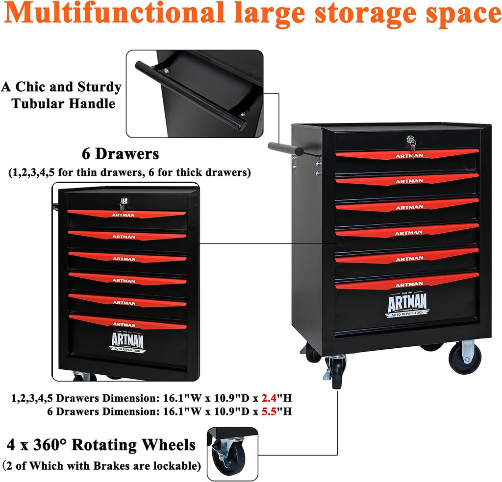 6 Drawers Tool Cart on Wheels, Multifunctional Rolling Tool Storage Chest, Drawers Rolling Trolley Organizer Tool Box for Warehouse, Garage, Workshop, Repair Shop (6 Drawers-30.5' H)