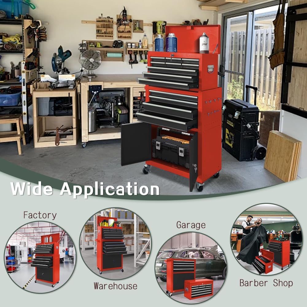 Tool Chest 13-Drawer with Double Door Handle,2 in 1 Detachable Rolling Tool Chests with Wheels and Drawers,Large Tool Box with Lock (Red＆Black)