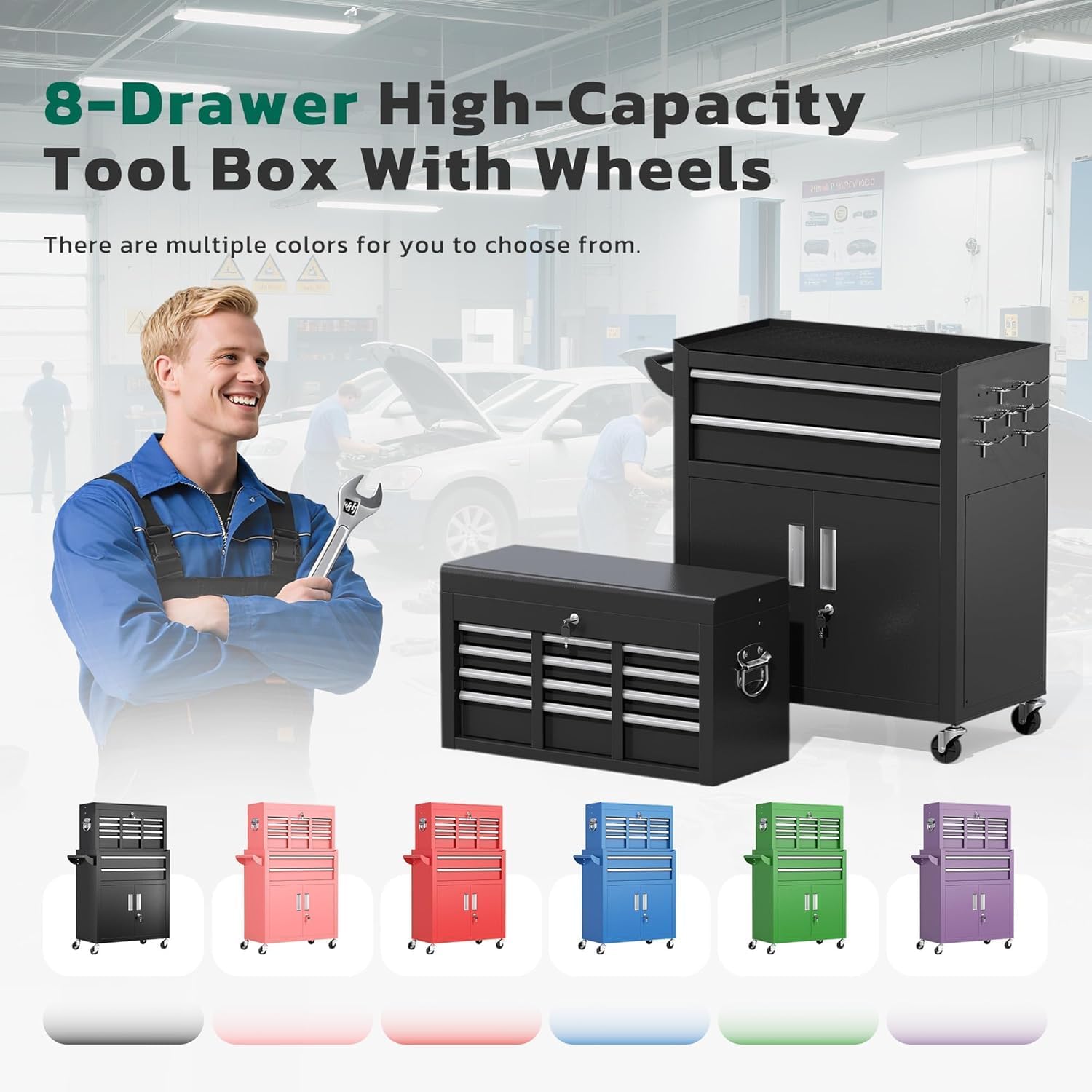 Greenvelly Tool Chest, 8-Drawer Rolling Tool Chest with Wheels, Detachable Top Tool Box, Assembled Tool Chest with Liner & Hooks, Rolling Tool Box for Garage, Workshop, Warehouse, Black