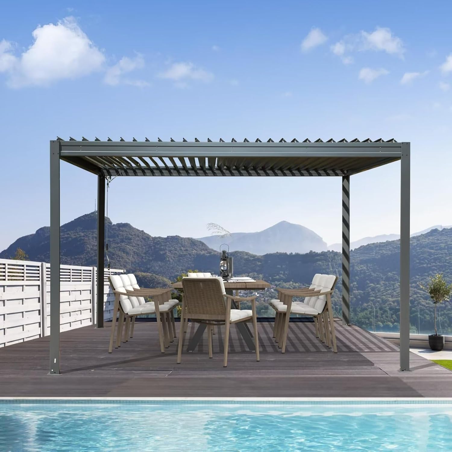 Domi Outdoor Louvered Pergola 10x13FT with Adjustable Steel Roof, Outdoor Aluminum Frame Rainproof Pergola for Backyard, Garden and Lawn,Gray