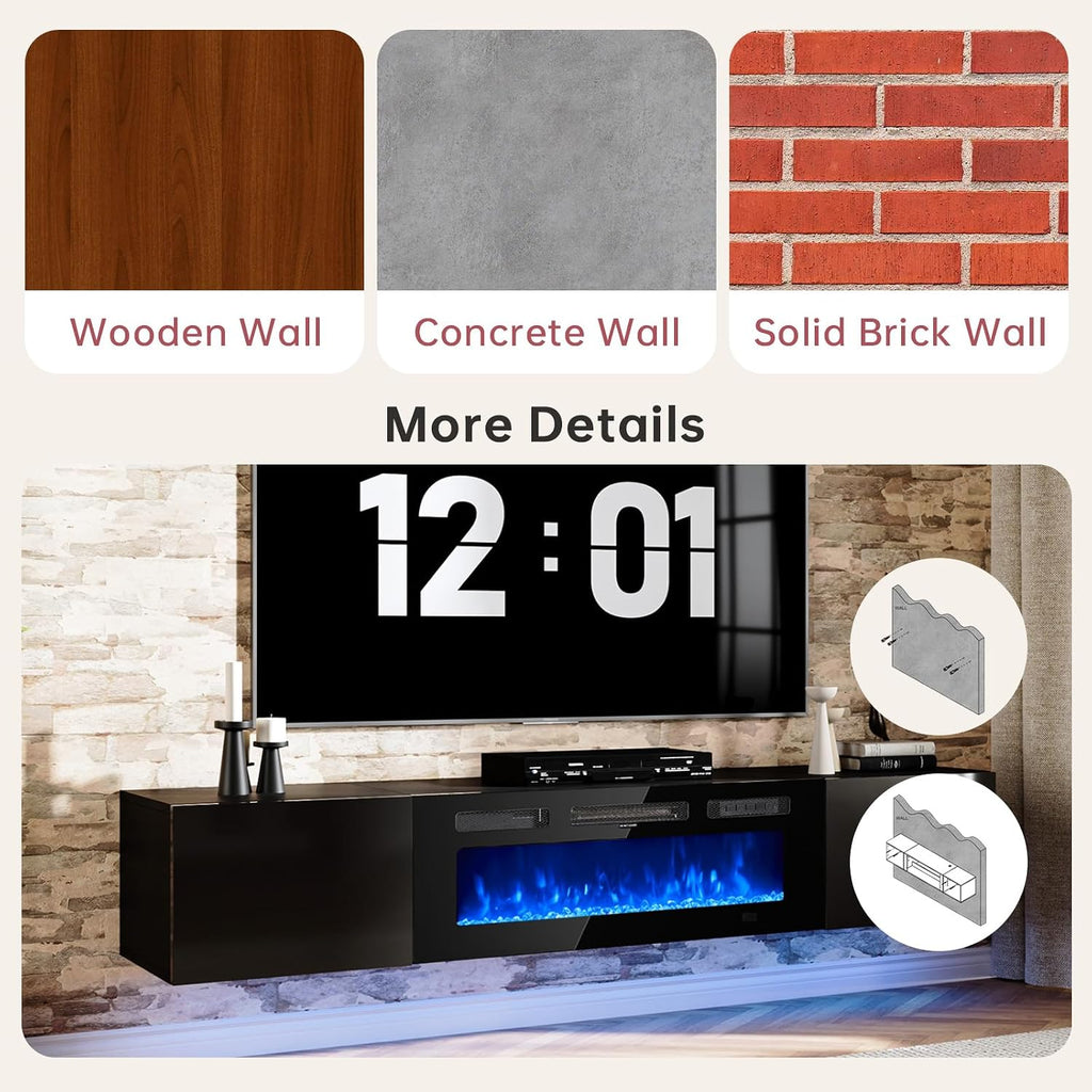 oneinmil 70' Floating TV Stand with 36' Electric Fireplace, Wall Mounted Fireplace Entertainment Center with Storage, Fire Place TV Console for Living Room, All Black