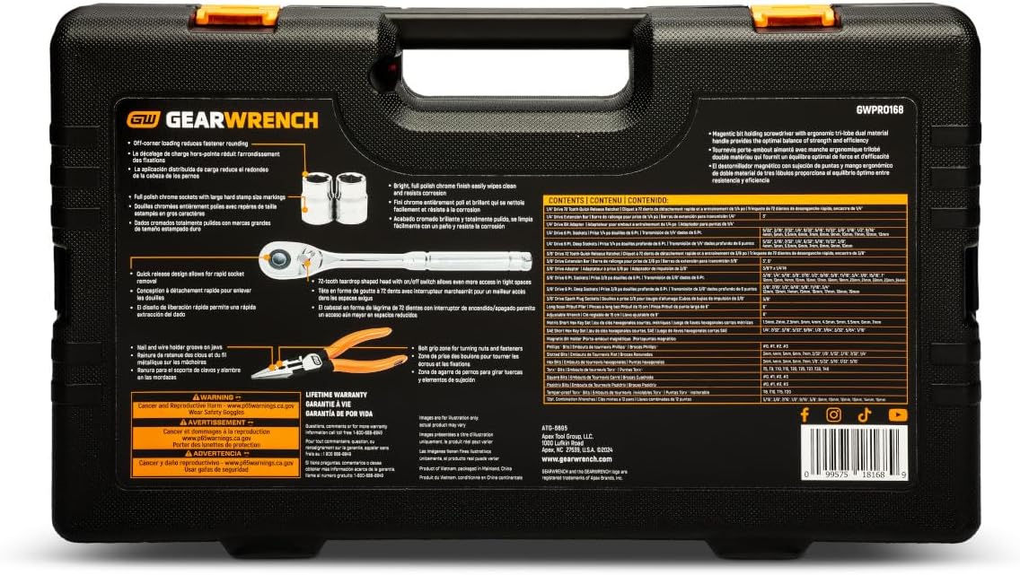 GEARWRENCH 168 Piece 1/4' & 3/8' Drive 72-Tooth 6 Point Professional Tool Set | GWPRO168A