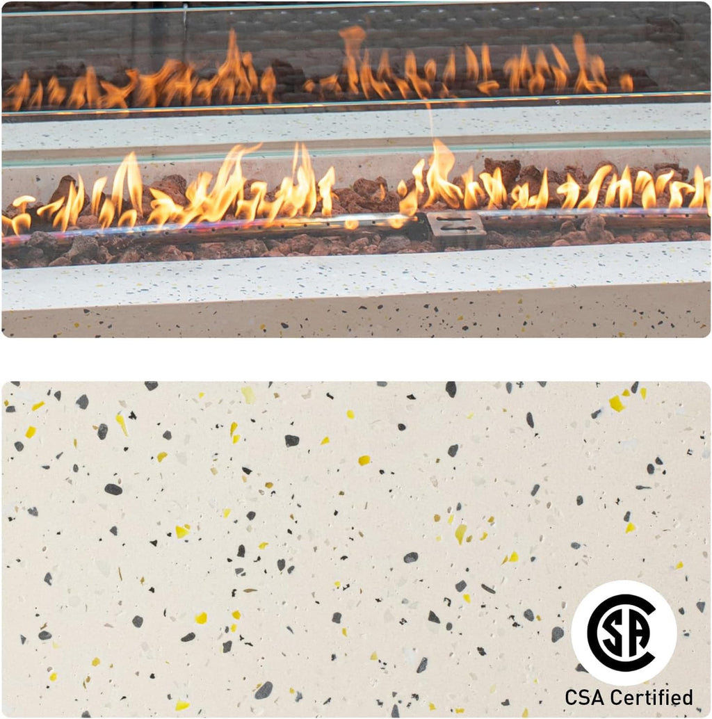 COSIEST Outdoor Propane Fire Pit Coffee Table, 42-inch x 13-inch Terrazzo Rectangle Base Patio Heater w Certified, 50,000 BTU Stainless Steel Burner, Wind Guard, Free Lava Rocks and Rain Cover