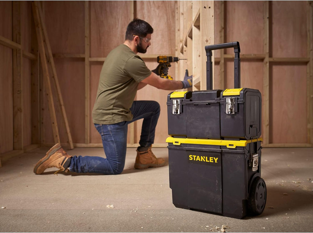 STANLEY 3 in 1 Rolling Work Centre Toolbox with Pull Handle, Detachable Toolbox with Portable Tote Tray, 1-70-326, Black
