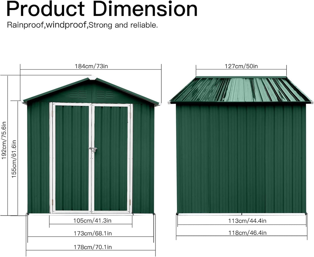 6 x 4 FT Metal Storage Shed, Outdoor Storage Shed with Lockable Door & Apex Roof, Durable Hinged Door for Garden, Backyard, Lawn, and Utility Storage, Shutter Vents, Weather-Resistant, Green and White