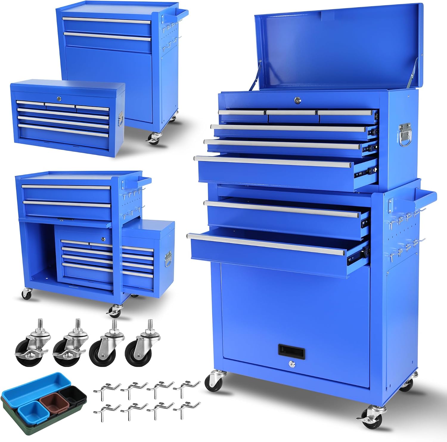HRVEOCEI Rolling Tool Chest with Drawers, Metal Tool Cabinet on Wheels with Detachable Top Tool Box, 5-Drawer Tool Cart with Adjustable Shelf and Locking Mechanism (8-Drawer Blue)