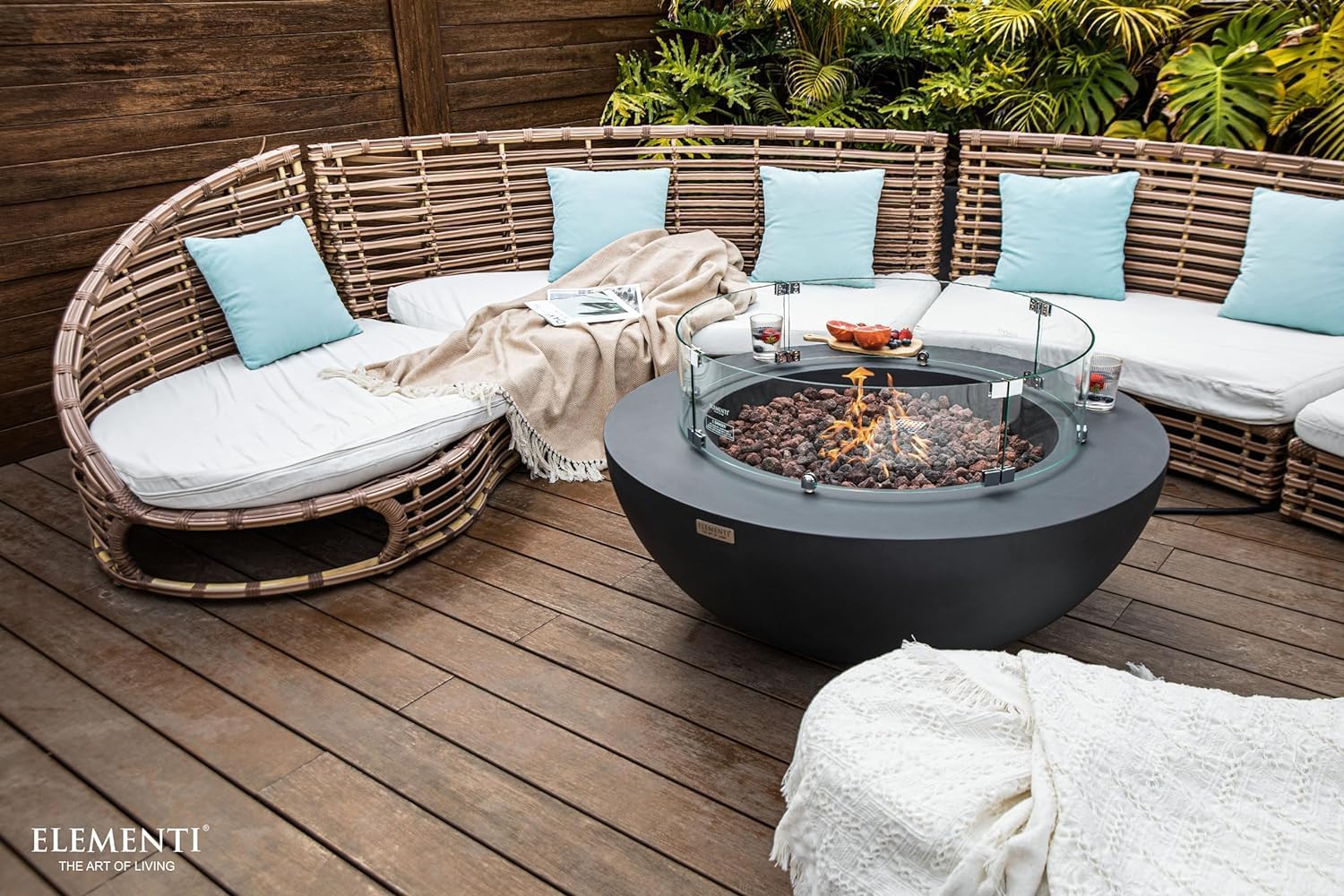 Elementi Lunar Bowl Cast Concrete Fire Table Bundle, Outdoor Fire Pit Fire Table Patio Furniture, Dark Gray (Natural Gas)