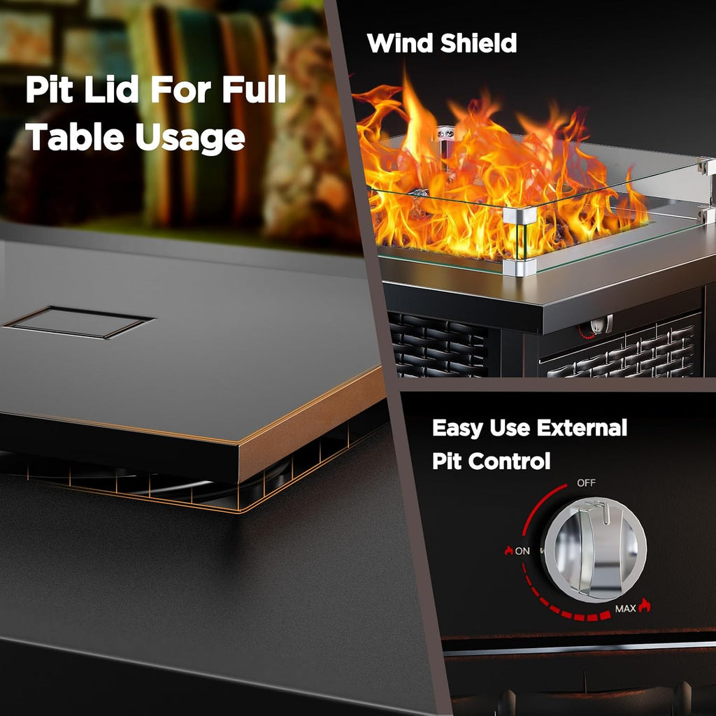 Ciays Propane Fire Pit, 28″ Outdoor Gas Fire Pit, 50,000 BTU Steel Fire Table with Glass Wind Guard, Lid & Lava Rock, Add Warmth and Ambience to Gatherings On Patio Deck Garden (2 Packages)