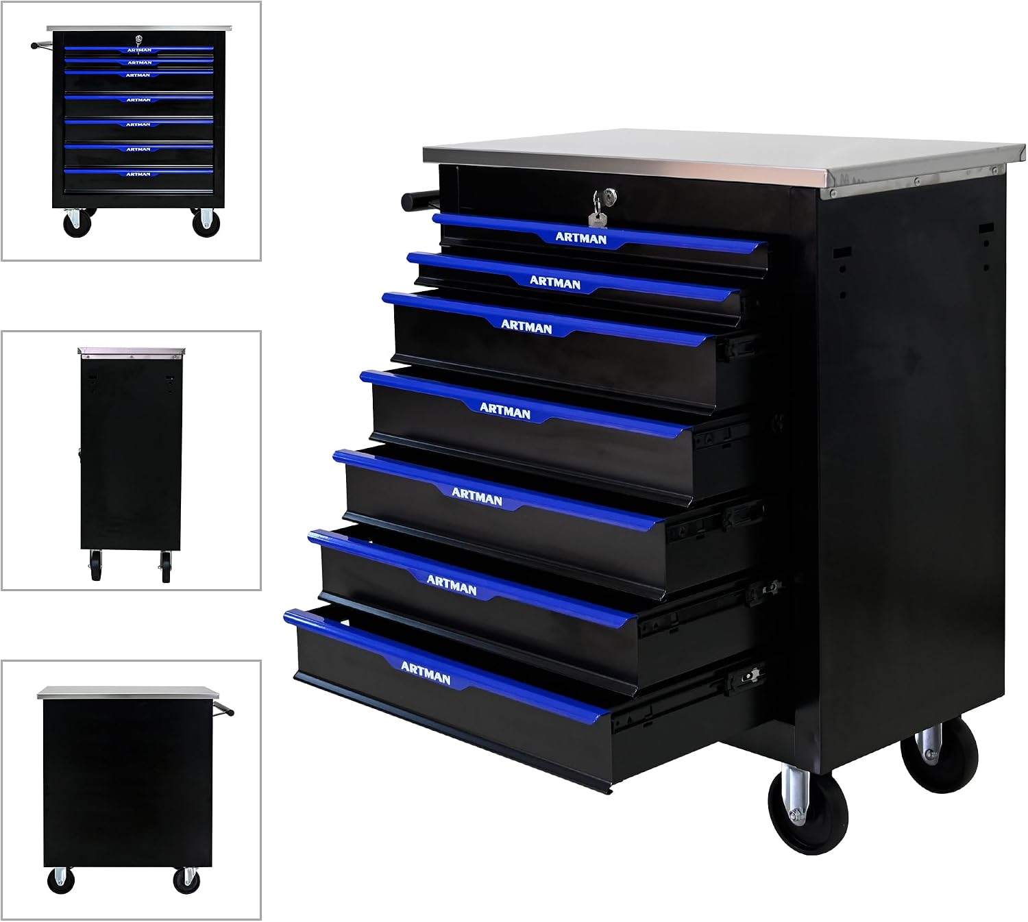 RYH 4/5/6/7 Drawers Rolling Tool Chest & Tool Box on Wheels | Heavy Duty Metal Cart with Ball Bearing Drawers | Fits US General Tool Box for Garage Storage (Black-4) (7-Drawer)