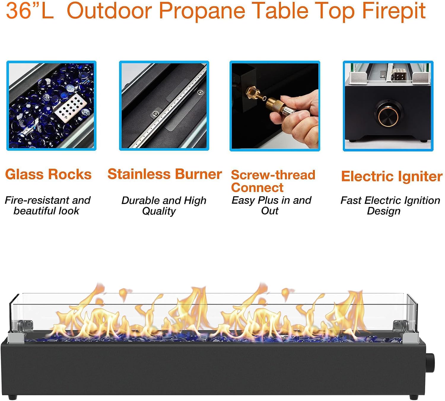 36-inch Table Top Propane Fire Pit, 40,000 BTU Tabletop Firepit for Patio, Outdoor Portable Rectangular Fire Bowl w/Wind Glass Shield, Glass Rocks - Black